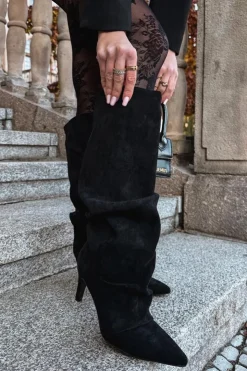 Damskie Boto Marszczone Kozaki Na Szpilce Z Eko Zamszu Ocieplane Czarne Mavella