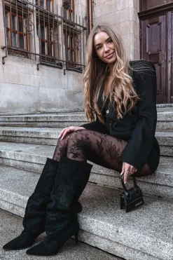 Damskie Boto Marszczone Kozaki Na Szpilce Z Eko Zamszu Ocieplane Czarne Mavella