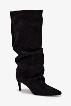 Damskie Boto Marszczone Kozaki Na Szpilce Z Eko Zamszu Ocieplane Czarne Mavella