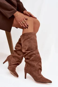 Boto Kozaki Ocieplane|Kozaki Na Szpilce*Marszczone Kozaki Na Szpilce Z Eko Zamszu Ocieplane Ciemnobeżowe Mavella Beżowy