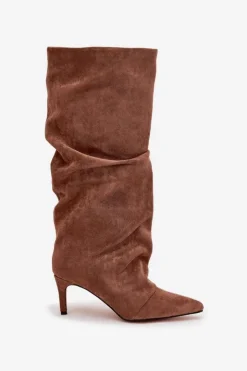 Boto Kozaki Ocieplane|Kozaki Na Szpilce*Marszczone Kozaki Na Szpilce Z Eko Zamszu Ocieplane Ciemnobeżowe Mavella Beżowy