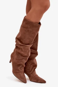 Boto Kozaki Ocieplane|Kozaki Na Szpilce*Marszczone Kozaki Na Szpilce Z Eko Zamszu Ocieplane Ciemnobeżowe Mavella Beżowy