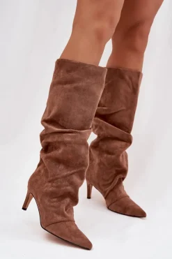 Boto Kozaki Ocieplane|Kozaki Na Szpilce*Marszczone Kozaki Na Szpilce Z Eko Zamszu Ocieplane Ciemnobeżowe Mavella Beżowy