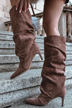 Boto Kozaki Ocieplane|Kozaki Na Szpilce*Marszczone Kozaki Na Szpilce Z Eko Zamszu Ocieplane Ciemnobeżowe Mavella Beżowy