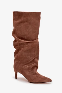 Boto Kozaki Ocieplane|Kozaki Na Szpilce*Marszczone Kozaki Na Szpilce Z Eko Zamszu Ocieplane Ciemnobeżowe Mavella Beżowy