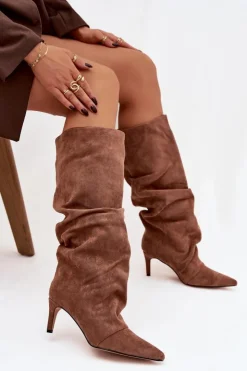 Boto Kozaki Ocieplane|Kozaki Na Szpilce*Marszczone Kozaki Na Szpilce Z Eko Zamszu Ocieplane Ciemnobeżowe Mavella Beżowy