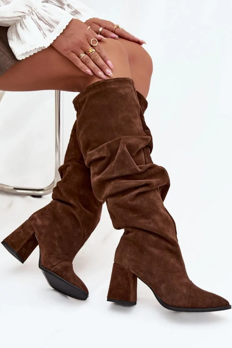 Zazoo Marszczone Kozaki Z Naturalnego Zamszu Na Słupku Ocieplane 4228 Brązowe Brązowy