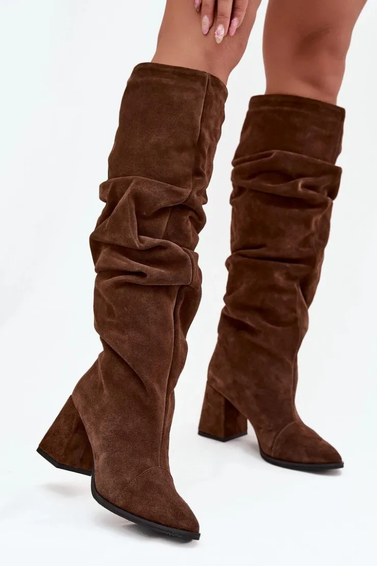 Zazoo Marszczone Kozaki Z Naturalnego Zamszu Na Słupku Ocieplane 4228 Brązowe Brązowy