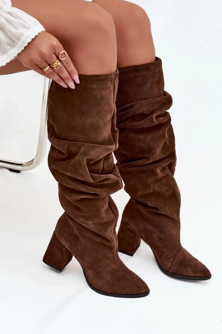 Zazoo Marszczone Kozaki Z Naturalnego Zamszu Na Słupku Ocieplane 4228 Brązowe Brązowy