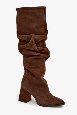 Zazoo Marszczone Kozaki Z Naturalnego Zamszu Na Słupku Ocieplane 4228 Brązowe Brązowy