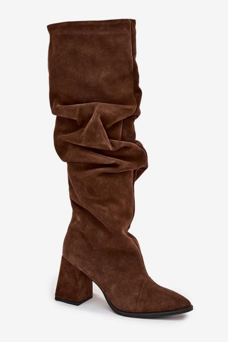 Zazoo Marszczone Kozaki Z Naturalnego Zamszu Na Słupku Ocieplane 4228 Brązowe Brązowy