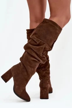 Zazoo Marszczone Kozaki Z Naturalnego Zamszu Na Słupku Ocieplane 4228 Brązowe Brązowy
