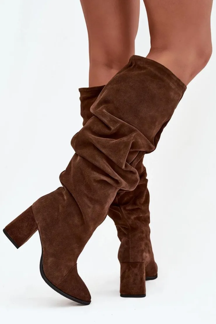 Zazoo Marszczone Kozaki Z Naturalnego Zamszu Na Słupku Ocieplane 4228 Brązowe Brązowy