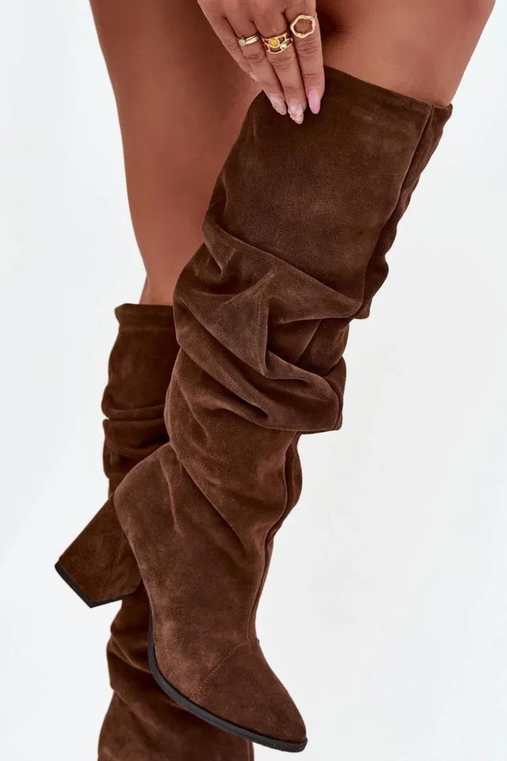 Zazoo Marszczone Kozaki Z Naturalnego Zamszu Na Słupku Ocieplane 4228 Brązowe Brązowy