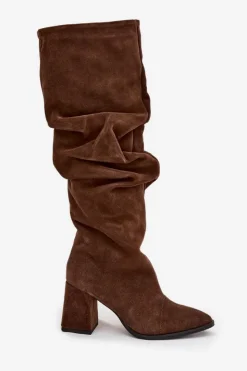 Zazoo Marszczone Kozaki Z Naturalnego Zamszu Na Słupku Ocieplane 4228 Brązowe Brązowy