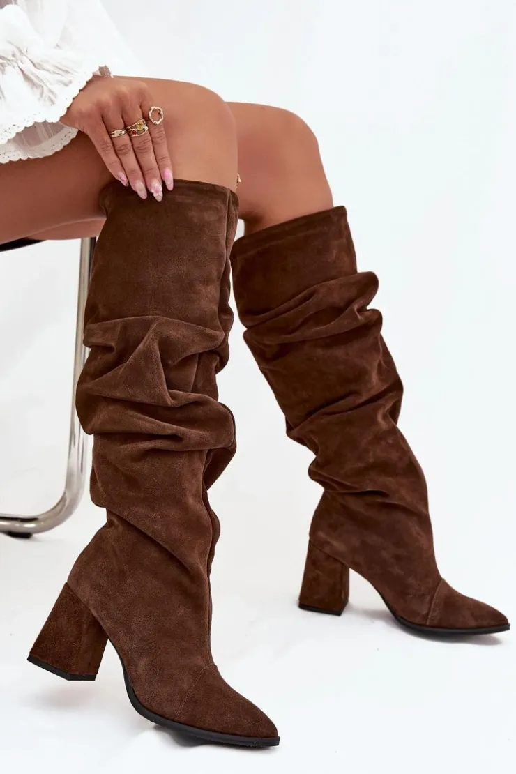 Zazoo Marszczone Kozaki Z Naturalnego Zamszu Na Słupku Ocieplane 4228 Brązowe Brązowy