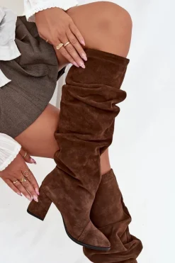 Zazoo Marszczone Kozaki Z Naturalnego Zamszu Na Słupku Ocieplane 4228 Brązowe Brązowy