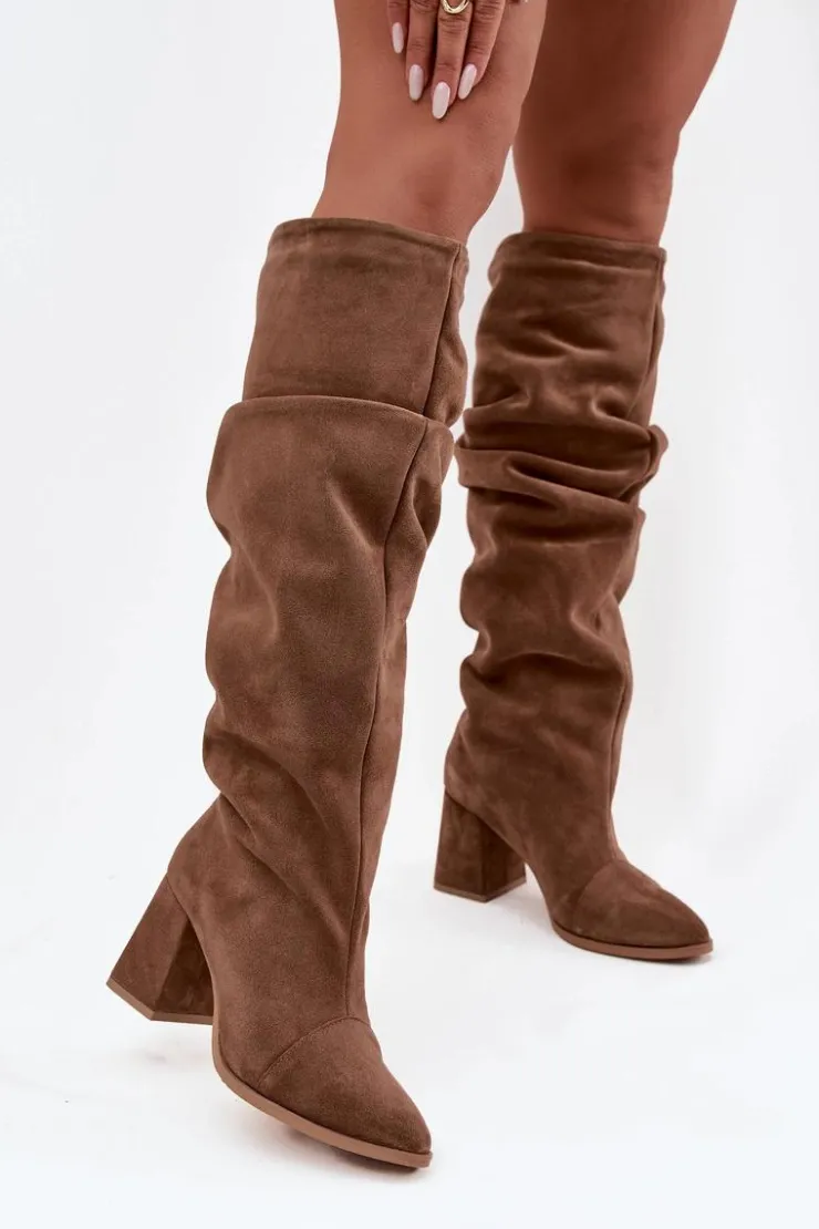 Zazoo Kozaki Ocieplane|Kozaki Na Słupku*Marszczone Kozaki Z Naturalnego Zamszu Na Słupku Ocieplane 4228 Jasnobrązowe Brązowy