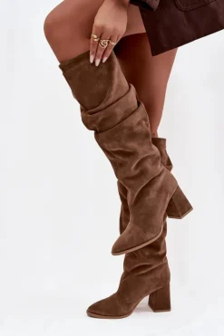 Zazoo Kozaki Ocieplane|Kozaki Na Słupku*Marszczone Kozaki Z Naturalnego Zamszu Na Słupku Ocieplane 4228 Jasnobrązowe Brązowy