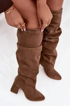 Zazoo Kozaki Ocieplane|Kozaki Na Słupku*Marszczone Kozaki Z Naturalnego Zamszu Na Słupku Ocieplane 4228 Jasnobrązowe Brązowy