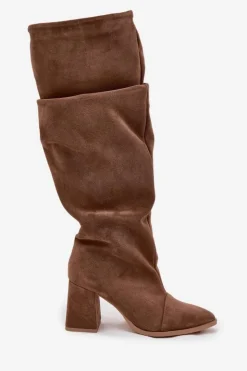 Zazoo Kozaki Ocieplane|Kozaki Na Słupku*Marszczone Kozaki Z Naturalnego Zamszu Na Słupku Ocieplane 4228 Jasnobrązowe Brązowy