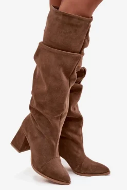 Zazoo Kozaki Ocieplane|Kozaki Na Słupku*Marszczone Kozaki Z Naturalnego Zamszu Na Słupku Ocieplane 4228 Jasnobrązowe Brązowy