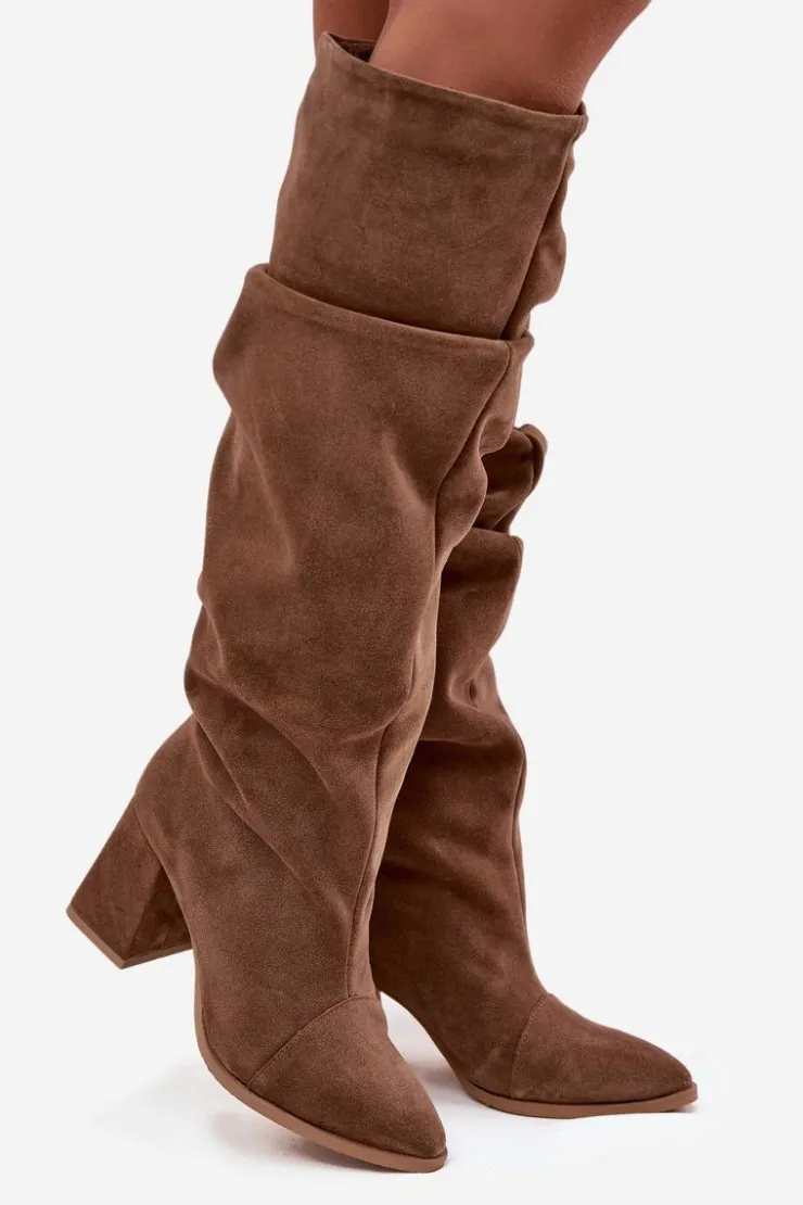 Zazoo Kozaki Ocieplane|Kozaki Na Słupku*Marszczone Kozaki Z Naturalnego Zamszu Na Słupku Ocieplane 4228 Jasnobrązowe Brązowy