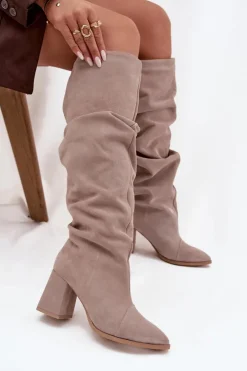 Sale Zazoo Marszczone Kozaki Z Naturalnego Zamszu Na Słupku Ocieplane 4228 Beżowe Beżowy