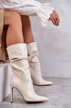 Best Boto Marszczone Skórzane Kozaki Na Szpilce Jasnobeżowe Caren