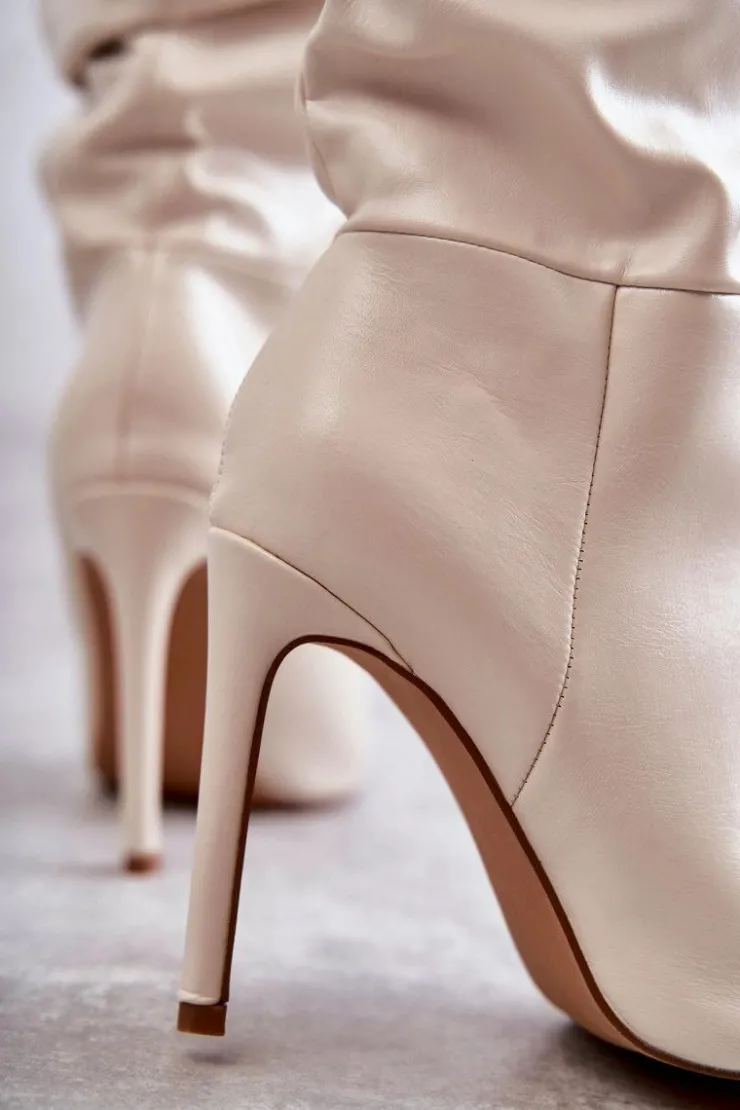 Best Boto Marszczone Skórzane Kozaki Na Szpilce Jasnobeżowe Caren