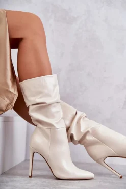 Best Boto Marszczone Skórzane Kozaki Na Szpilce Jasnobeżowe Caren