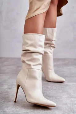 Best Boto Marszczone Skórzane Kozaki Na Szpilce Jasnobeżowe Caren