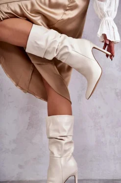 Best Boto Marszczone Skórzane Kozaki Na Szpilce Jasnobeżowe Caren