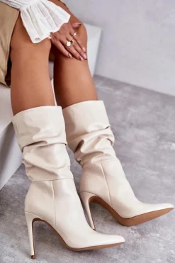 Best Boto Marszczone Skórzane Kozaki Na Szpilce Jasnobeżowe Caren