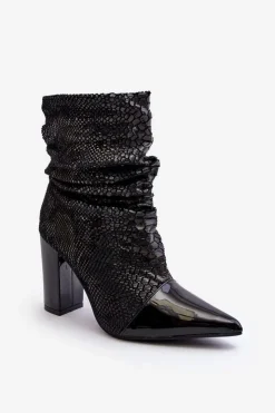 Boto Botki Na Słupku|Czarne Botki*Marszczone Wężowe Botki Na Obcasie Czarne Casima