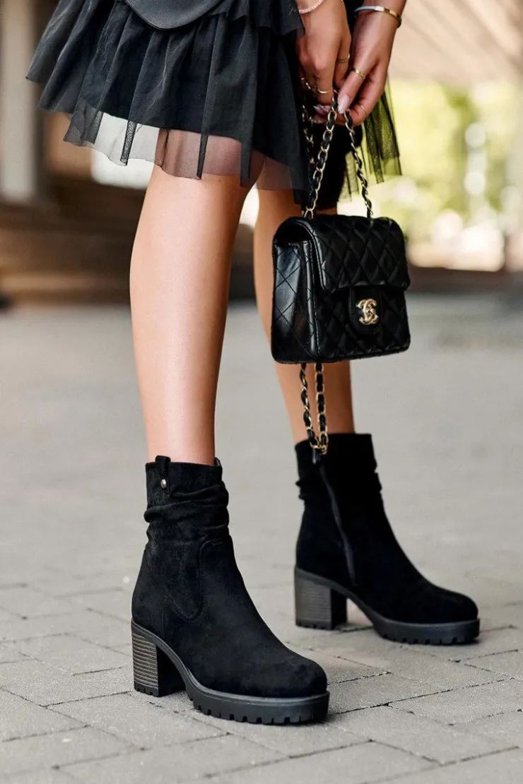 Boto Czarne Botki|Botki Zimowe Damskie*Marszczone Zamszowe Botki Czarne Melseo