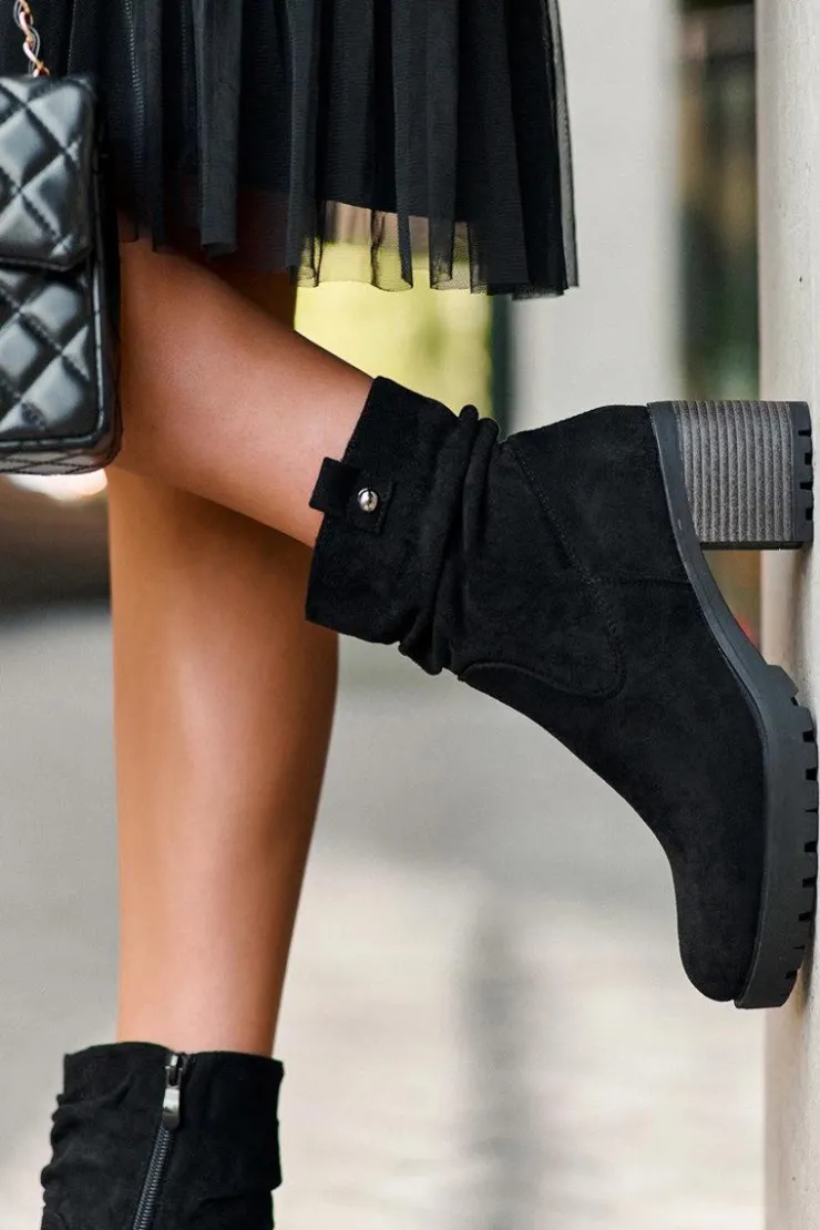 Boto Czarne Botki|Botki Zimowe Damskie*Marszczone Zamszowe Botki Czarne Melseo