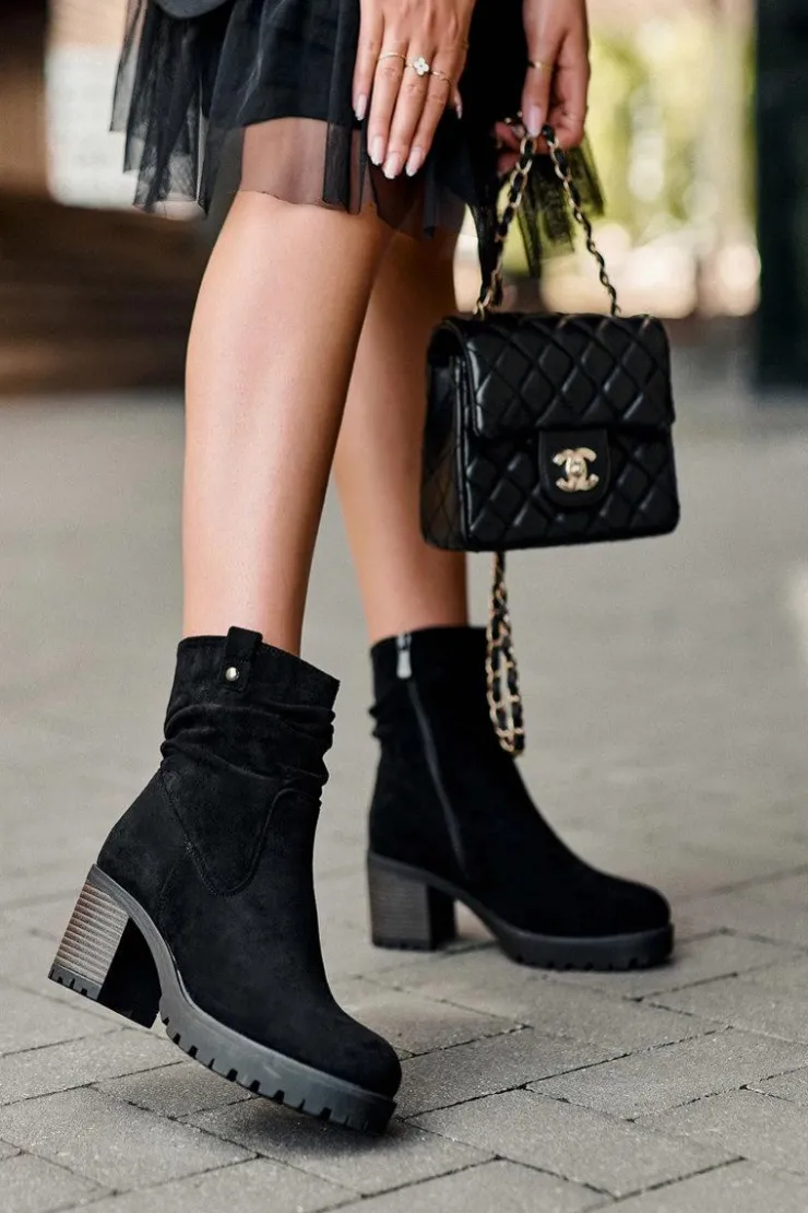 Boto Czarne Botki|Botki Zimowe Damskie*Marszczone Zamszowe Botki Czarne Melseo