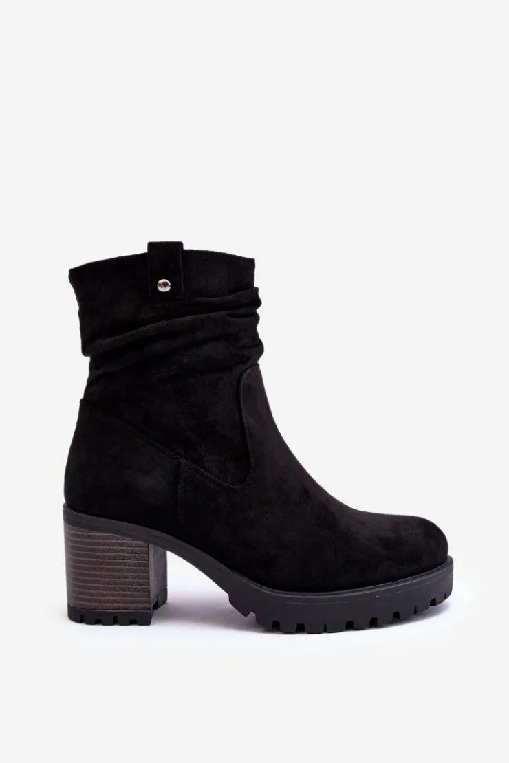 Boto Czarne Botki|Botki Zimowe Damskie*Marszczone Zamszowe Botki Czarne Melseo