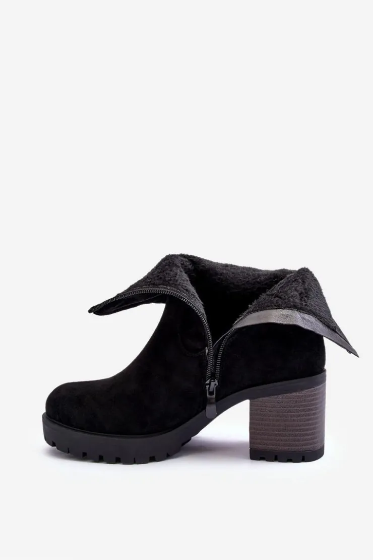 Boto Czarne Botki|Botki Zimowe Damskie*Marszczone Zamszowe Botki Czarne Melseo