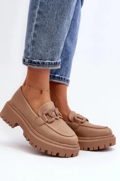 Discount Boto Masywne Mokasyny Damskie Z Łańcuchem Beżowe Dataia