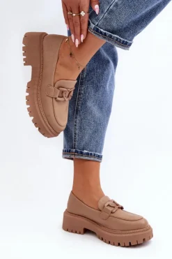 Discount Boto Masywne Mokasyny Damskie Z Łańcuchem Beżowe Dataia