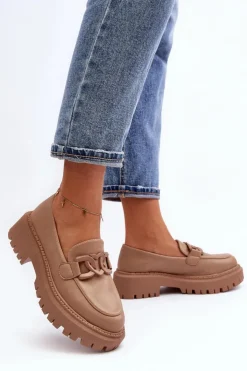 Discount Boto Masywne Mokasyny Damskie Z Łańcuchem Beżowe Dataia