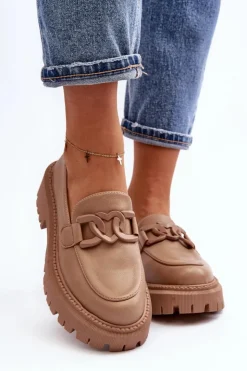 Discount Boto Masywne Mokasyny Damskie Z Łańcuchem Beżowe Dataia