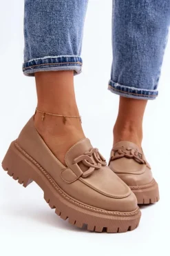 Discount Boto Masywne Mokasyny Damskie Z Łańcuchem Beżowe Dataia