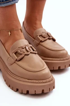 Discount Boto Masywne Mokasyny Damskie Z Łańcuchem Beżowe Dataia