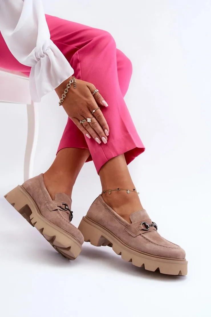 Buty damskie Vinceza Loafersy Damskie|Mokasyny Płaskie*Masywne Mokasyny Damskie Zamszowe Beżowe Neloria Beżowy