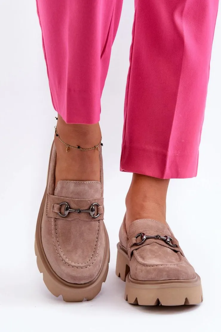 Buty damskie Vinceza Loafersy Damskie|Mokasyny Płaskie*Masywne Mokasyny Damskie Zamszowe Beżowe Neloria Beżowy