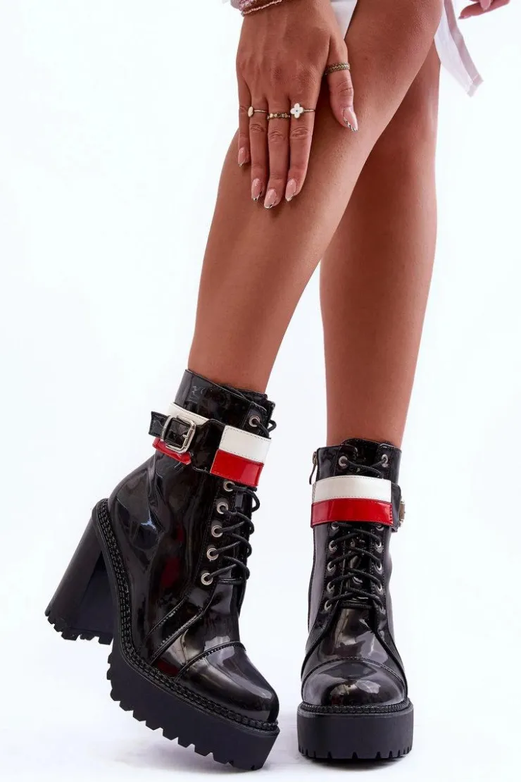 Damskie Boto Masywne Skórzane Botki Na Słupku Czarne Adrijana