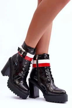 Damskie Boto Masywne Skórzane Botki Na Słupku Czarne Adrijana